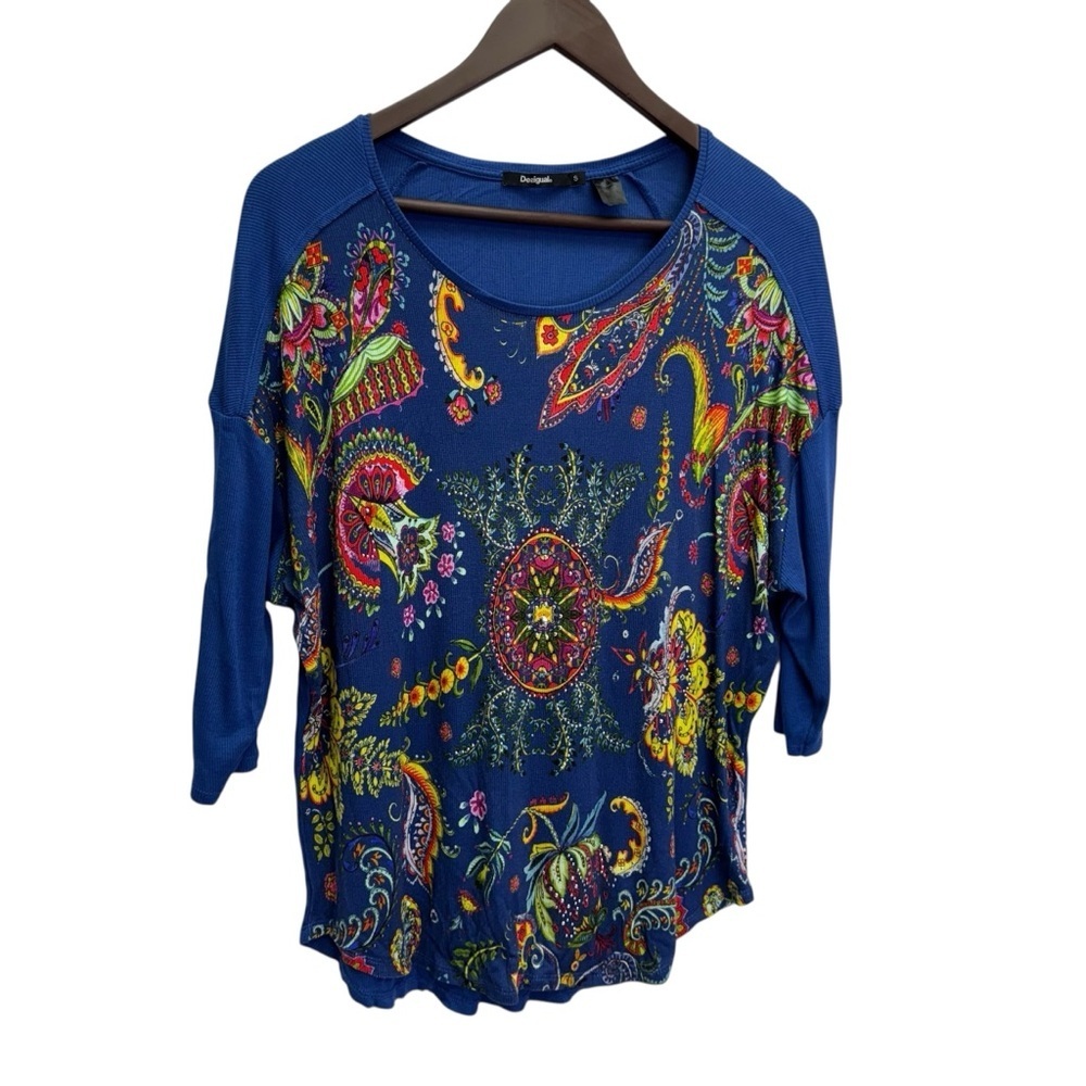 Desigual Floral Paisley Patterned Blue Top Size S/m